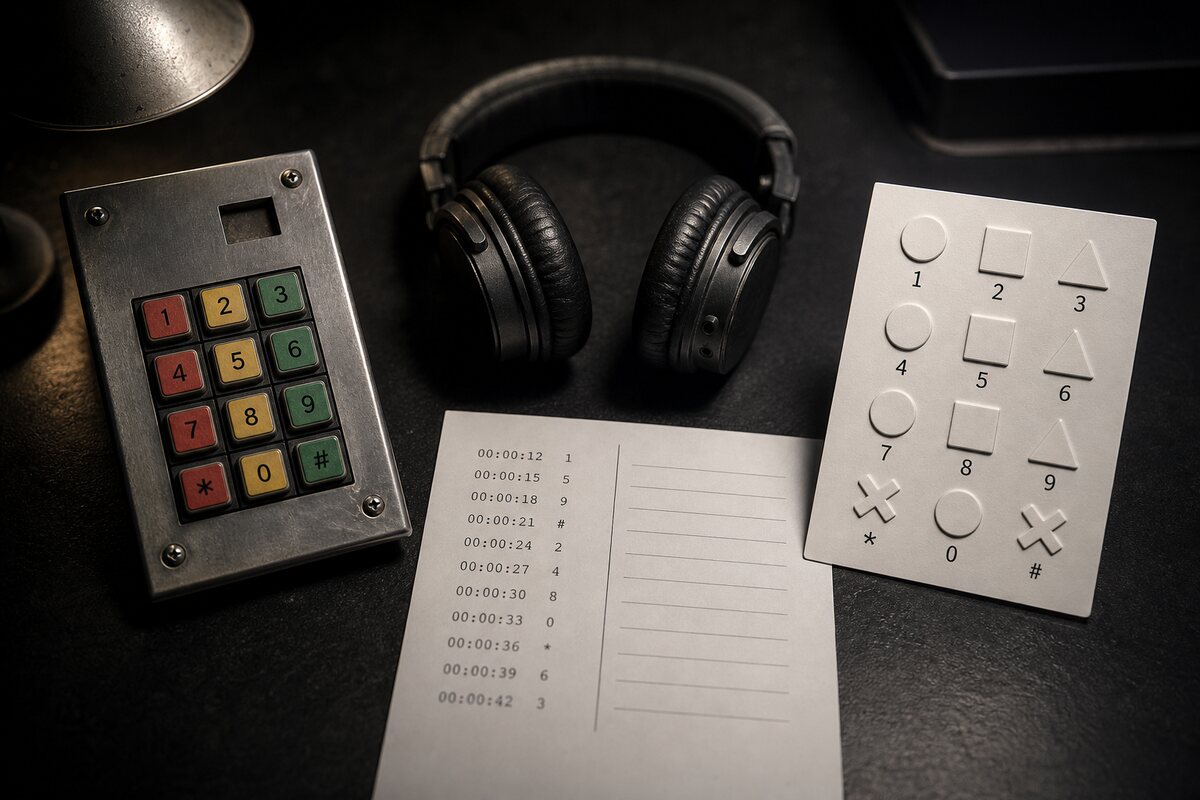 A keypad with coloured keys beside the same keypad reproduced as raised tactile shapes with printed numbers, headphones set aside.