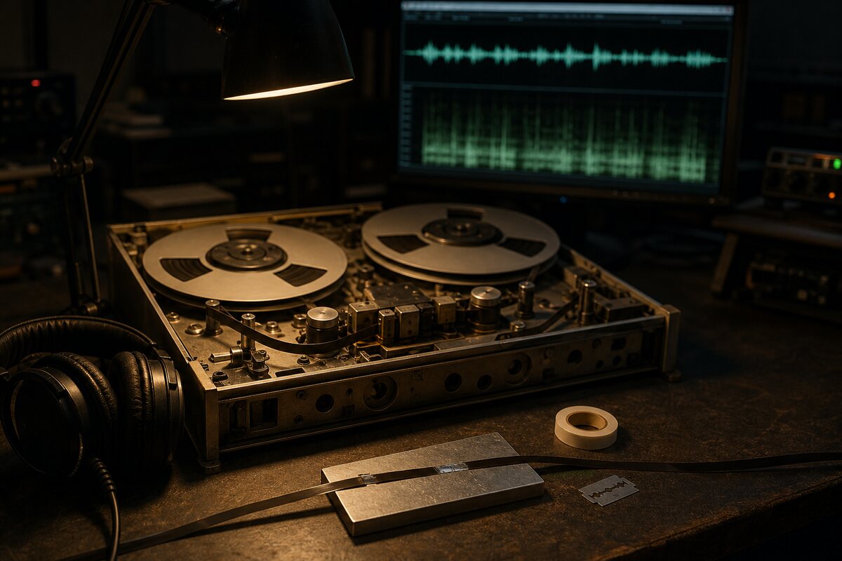 An open-reel tape machine on a workbench with tape laid across a splicing block, a waveform on a monitor behind it.