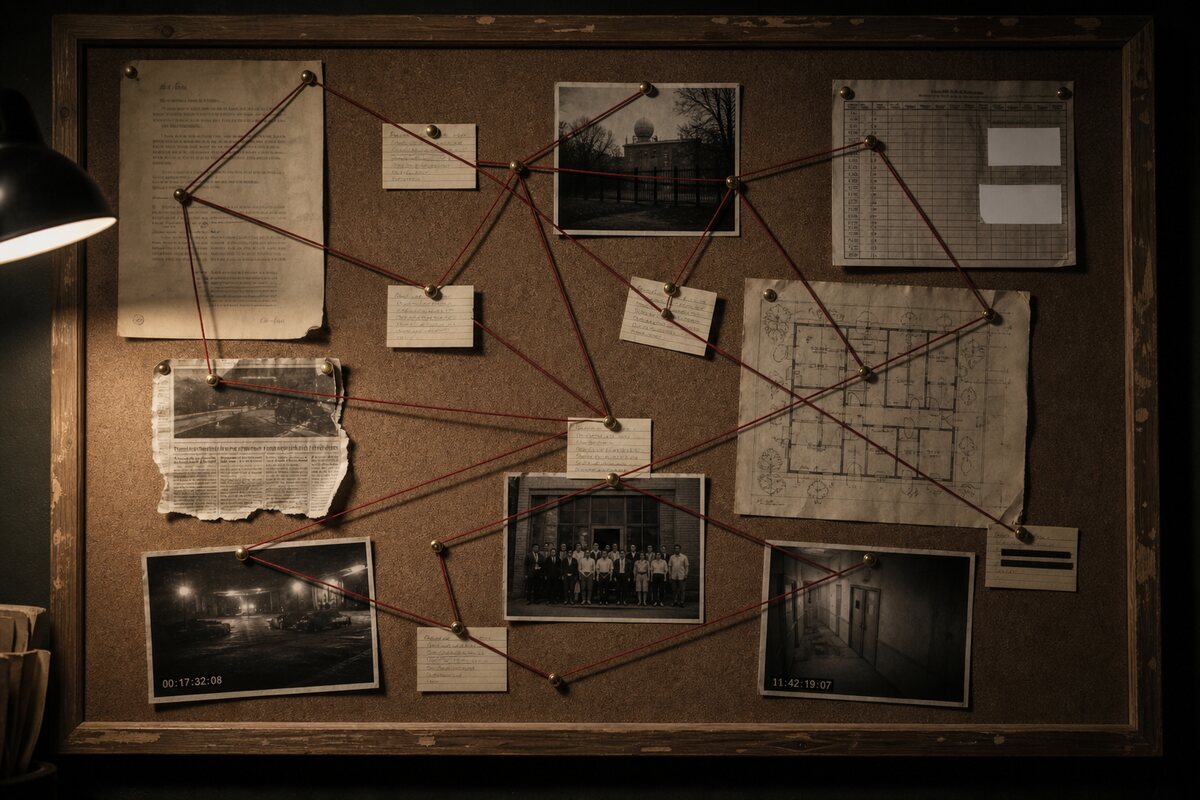 A cork noticeboard covered in pinned documents and photographs, connected by lengths of red thread.