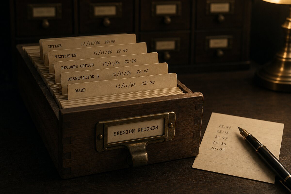 A wooden card-index drawer labelled Session Records, full of typed index cards with handwritten dates and times.