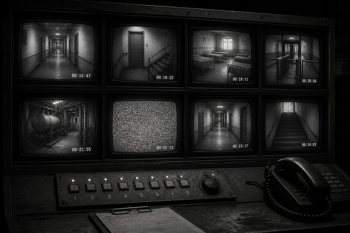 A rack of eight small monochrome CRT security monitors in a dark room, one of them showing static.