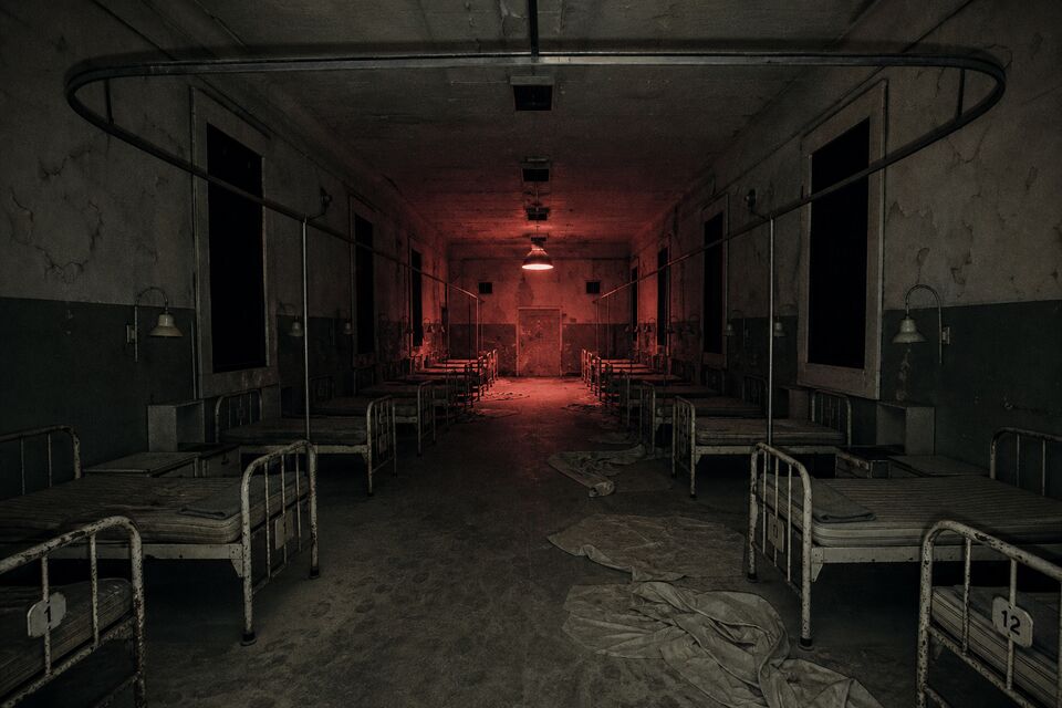 A long hospital ward lit by one fixture at the far end. Twelve iron beds, every one of them made, blankets folded in thirds at the foot.