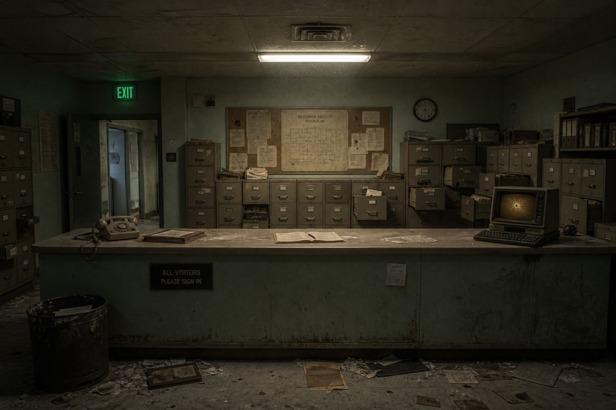 An abandoned records office with filing cabinets, a counter and a terminal, lit by a single desk lamp.