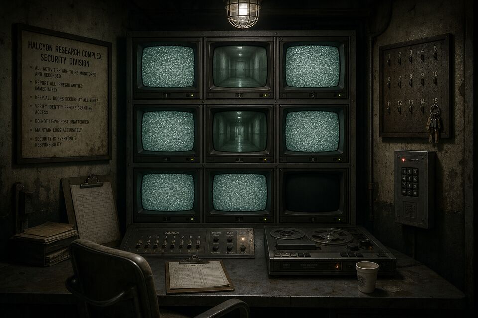 A cramped security office with a bank of nine monitors, seven showing snow. A reel-to-reel deck sits beside a clipboard and a cold mug of tea.